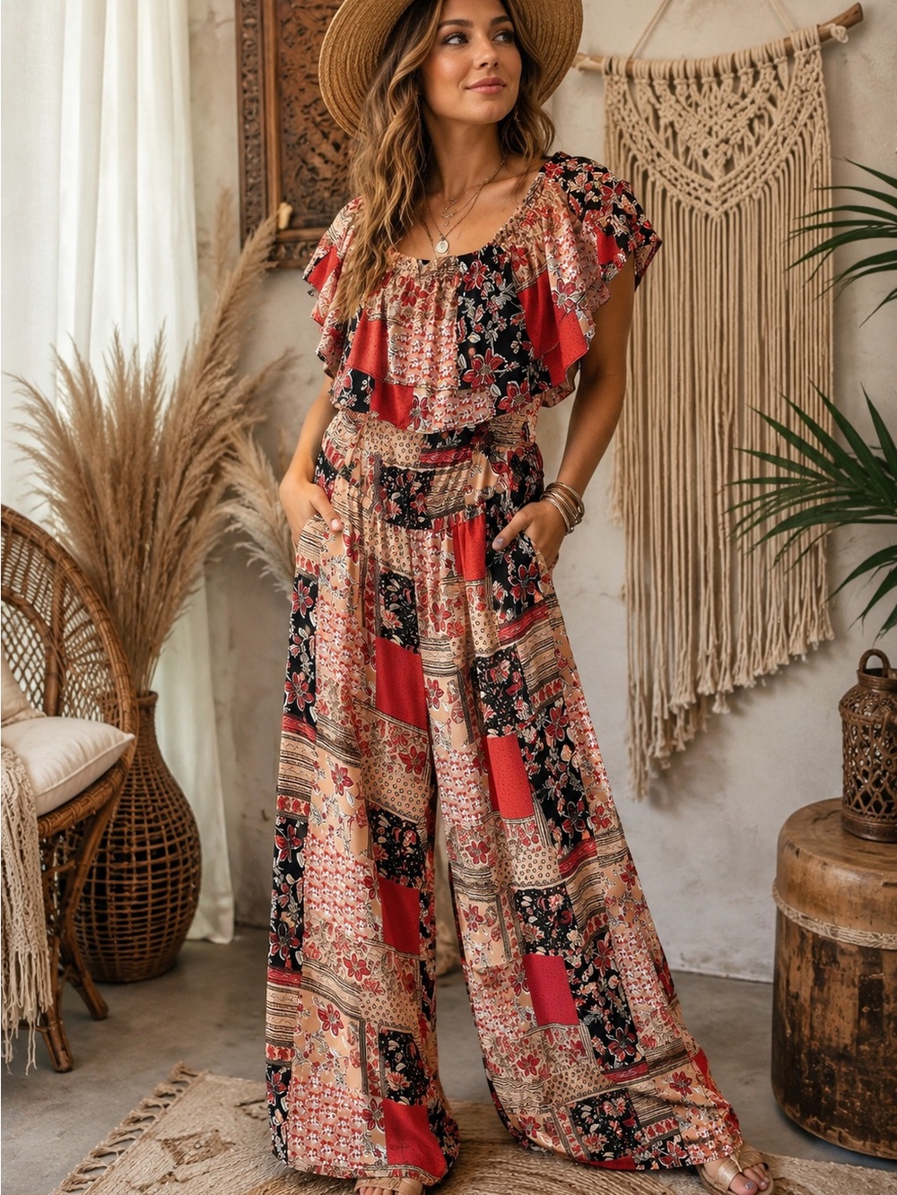Umgee Boho Patchwork Wide-Leg Jumpsuit - Red Floral